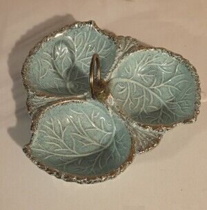 Vtg MCM California USA Pottery Divided Leaf Nut Dish Turquoise Aqua Gold Accents